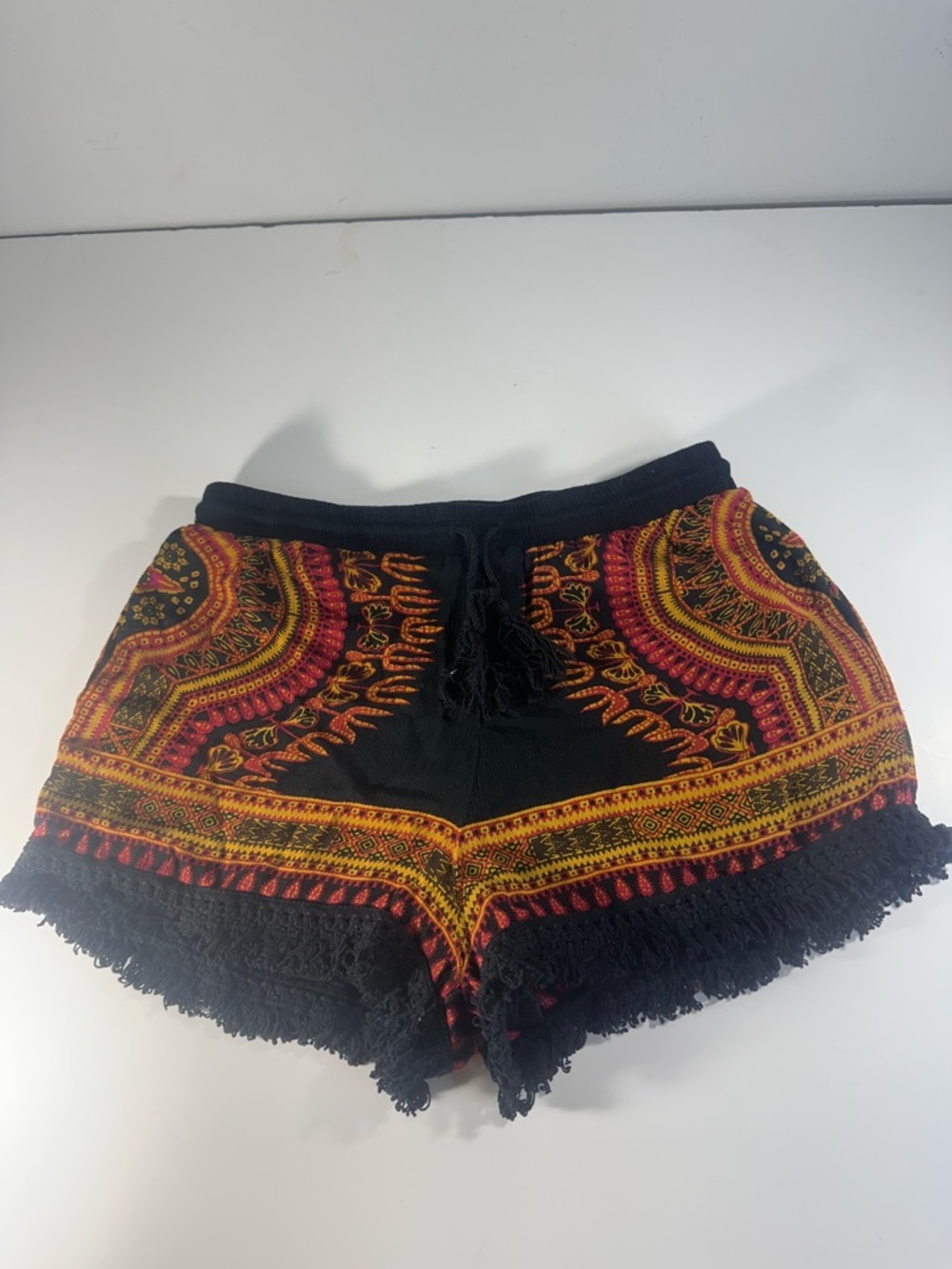 Band Of Gypsies Boho Fringe Shorts Black and Red Tribal Print